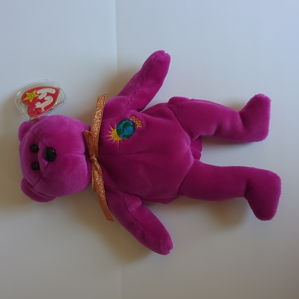 Ty Millennium beanie baby bear 1999 purple world logo 2000 plush